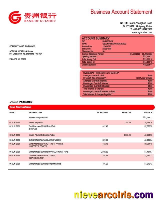 Bank of Guizhou business checking account statement
